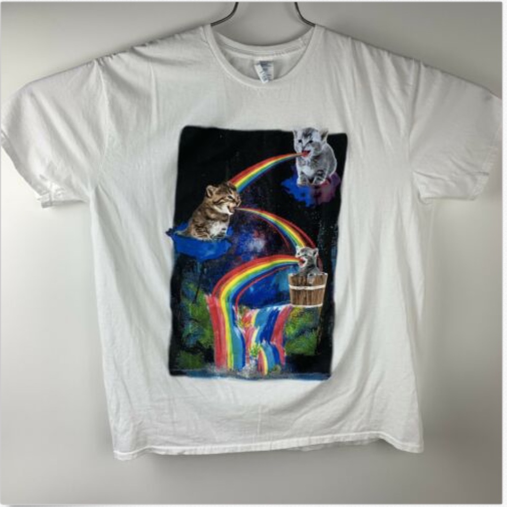 Kitty Rainbow White Tshirt 2XL Waterfall Crazy Cat